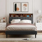 Cama de almacenamiento tapizada gris/beige con puertos USB, individual/matrimonial, 1-2 personas