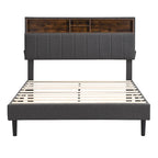 Cama de almacenamiento tapizada gris/beige con puertos USB, individual/matrimonial, 1-2 personas
