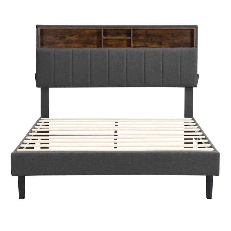 Cama de almacenamiento tapizada gris/beige con puertos USB, individual/matrimonial, 1-2 personas