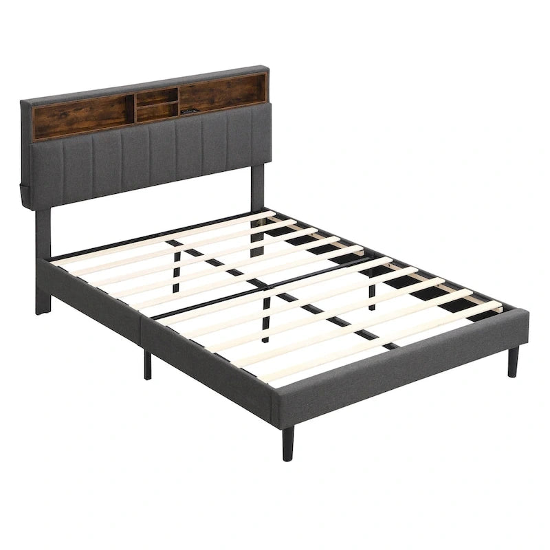 Cama de almacenamiento tapizada gris/beige con puertos USB, individual/matrimonial, 1-2 personas