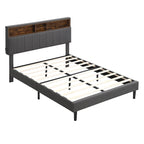 Cama de almacenamiento tapizada gris/beige con puertos USB, individual/matrimonial, 1-2 personas