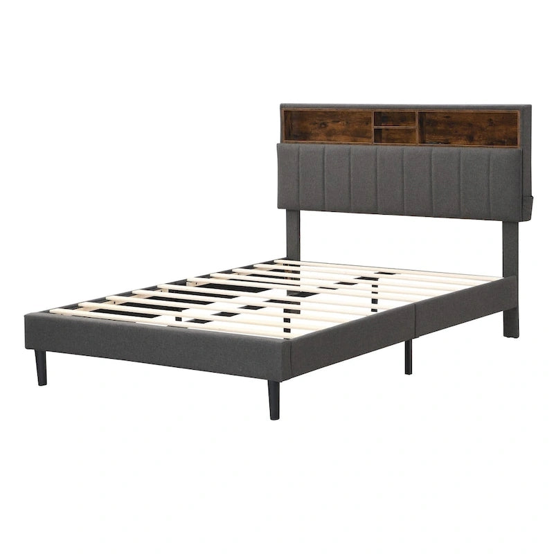 Cama de almacenamiento tapizada gris/beige con puertos USB, individual/matrimonial, 1-2 personas