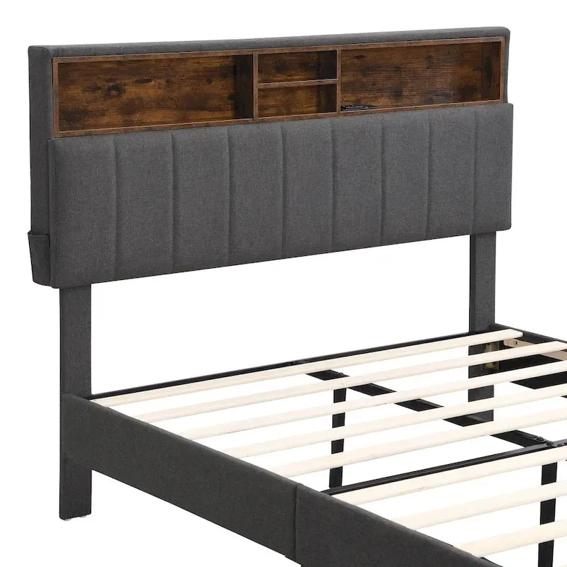 Cama de almacenamiento tapizada gris/beige con puertos USB, individual/matrimonial, 1-2 personas