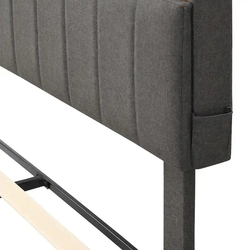 Cama de almacenamiento tapizada gris/beige con puertos USB, individual/matrimonial, 1-2 personas