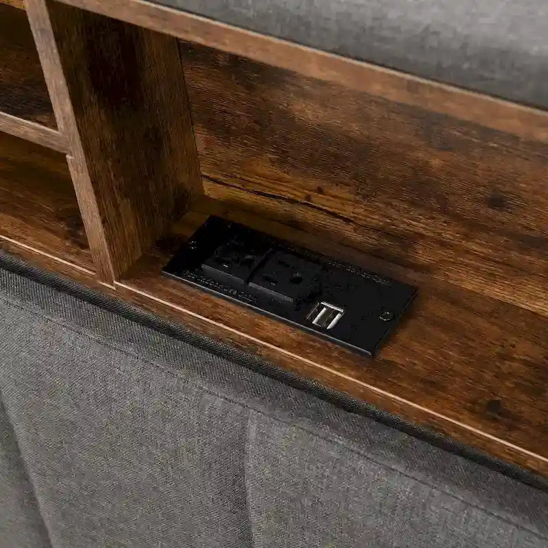 Cama de almacenamiento tapizada gris/beige con puertos USB, individual/matrimonial, 1-2 personas