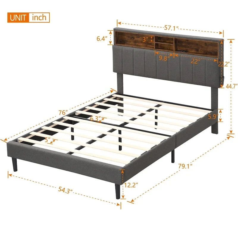 Cama de almacenamiento tapizada gris/beige con puertos USB, individual/matrimonial, 1-2 personas