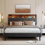 Cama de almacenamiento tapizada gris/beige con puertos USB, individual/matrimonial, 1-2 personas