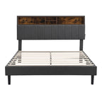 Cama de almacenamiento tapizada gris/beige con puertos USB, individual/matrimonial, 1-2 personas