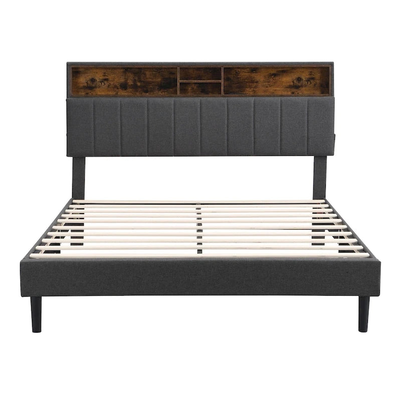 Cama de almacenamiento tapizada gris/beige con puertos USB, individual/matrimonial, 1-2 personas