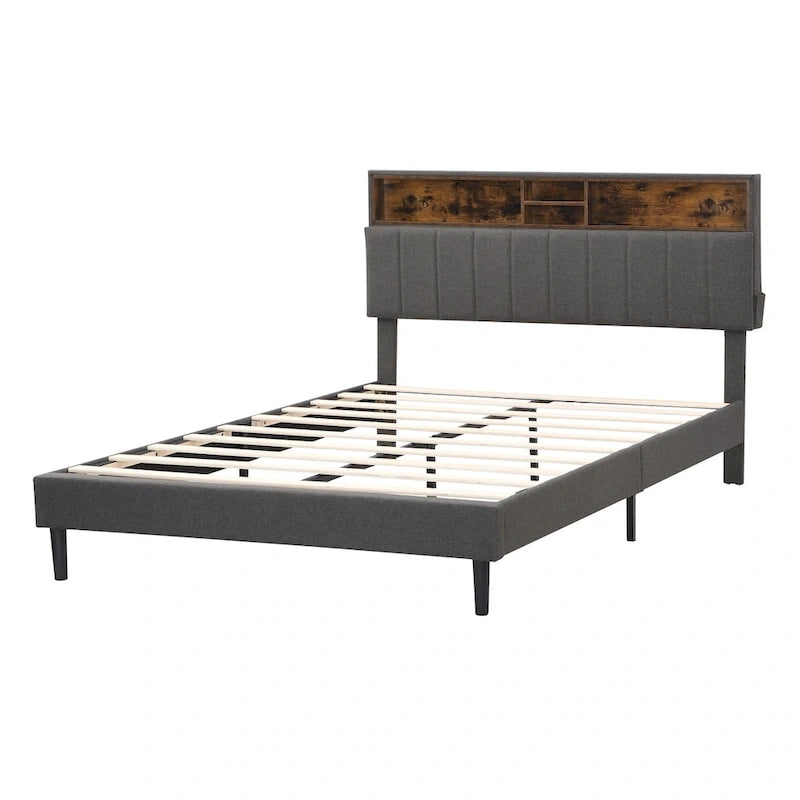 Cama de almacenamiento tapizada gris/beige con puertos USB, individual/matrimonial, 1-2 personas
