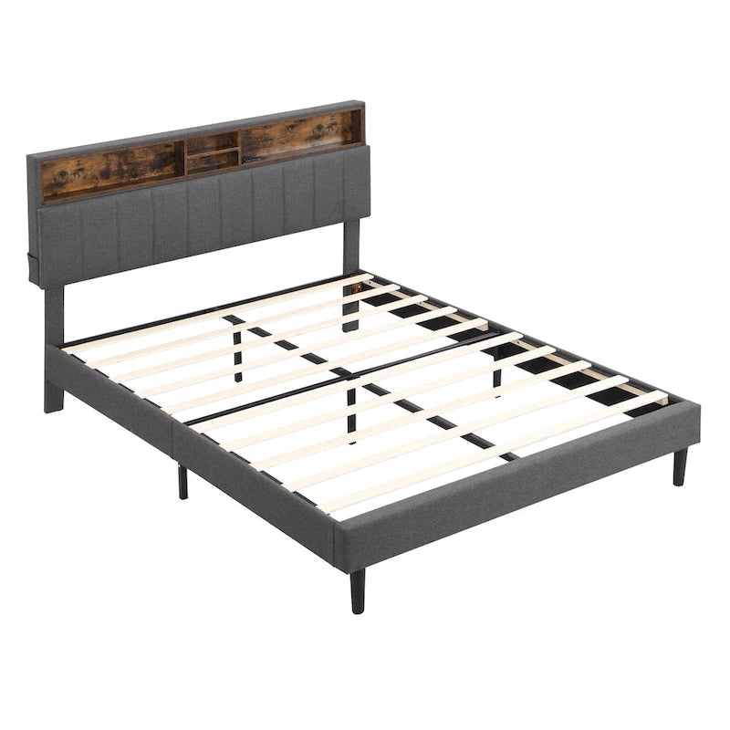 Cama de almacenamiento tapizada gris/beige con puertos USB, individual/matrimonial, 1-2 personas