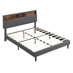Cama de almacenamiento tapizada gris/beige con puertos USB, individual/matrimonial, 1-2 personas