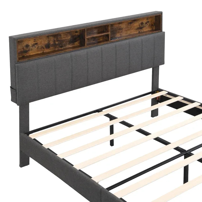 Cama de almacenamiento tapizada gris/beige con puertos USB, individual/matrimonial, 1-2 personas