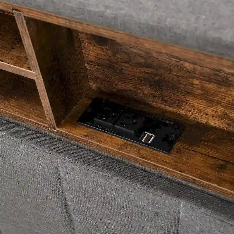 Cama de almacenamiento tapizada gris/beige con puertos USB, individual/matrimonial, 1-2 personas