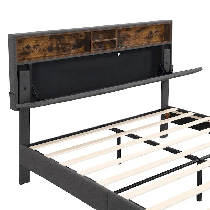 Cama de almacenamiento tapizada gris/beige con puertos USB, individual/matrimonial, 1-2 personas