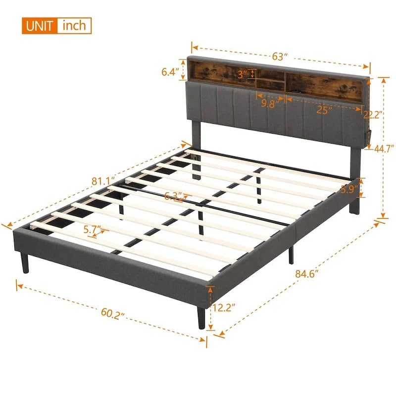 Cama de almacenamiento tapizada gris/beige con puertos USB, individual/matrimonial, 1-2 personas