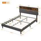 Cama de almacenamiento tapizada gris/beige con puertos USB, individual/matrimonial, 1-2 personas