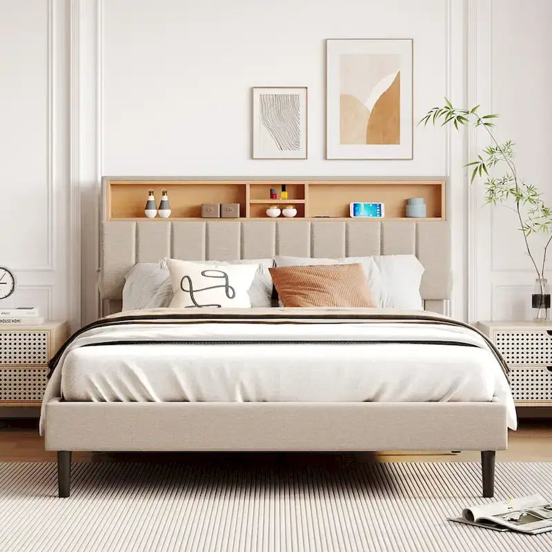 Cama de almacenamiento tapizada gris/beige con puertos USB, individual/matrimonial, 1-2 personas