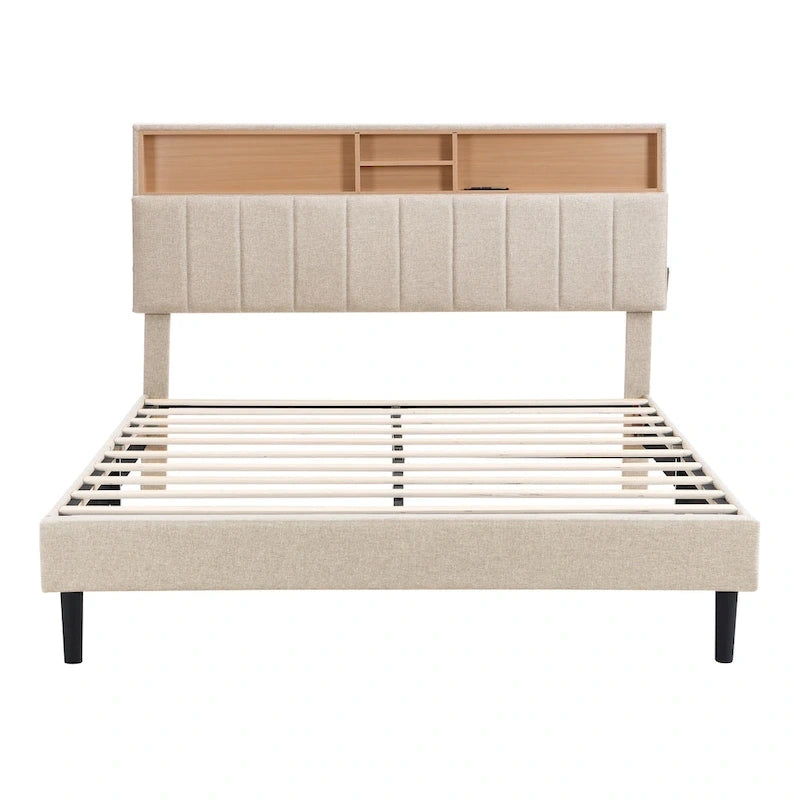 Cama de almacenamiento tapizada gris/beige con puertos USB, individual/matrimonial, 1-2 personas
