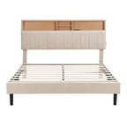 Cama de almacenamiento tapizada gris/beige con puertos USB, individual/matrimonial, 1-2 personas