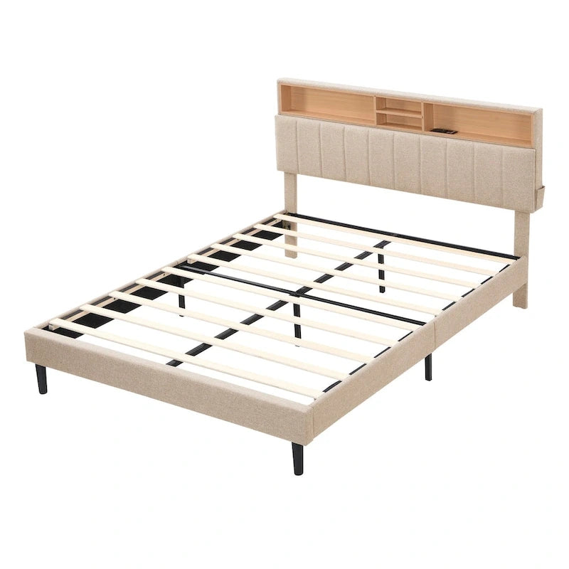 Cama de almacenamiento tapizada gris/beige con puertos USB, individual/matrimonial, 1-2 personas