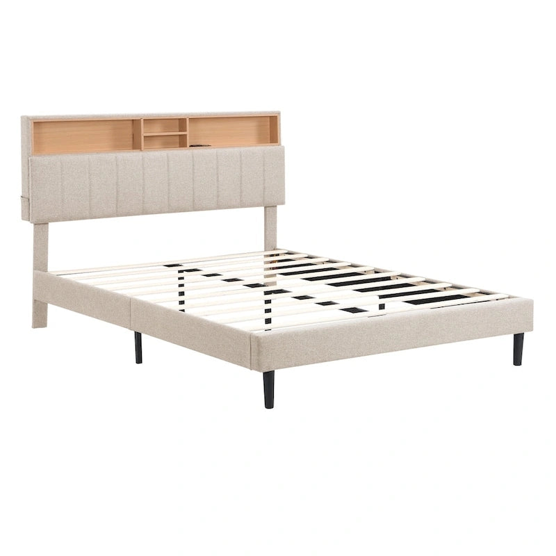 Cama de almacenamiento tapizada gris/beige con puertos USB, individual/matrimonial, 1-2 personas