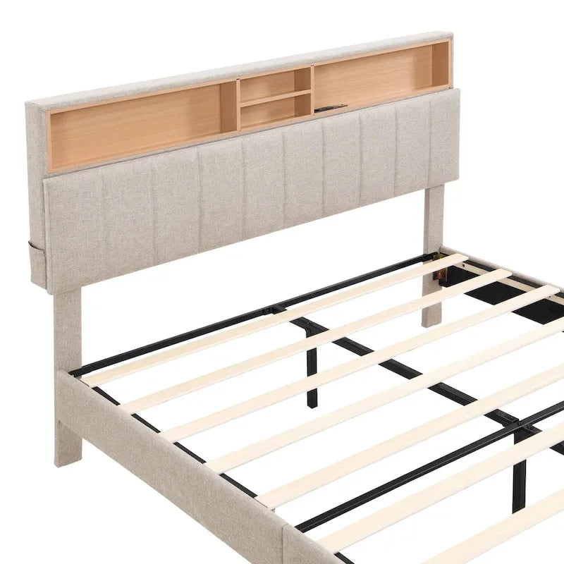 Cama de almacenamiento tapizada gris/beige con puertos USB, individual/matrimonial, 1-2 personas