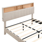 Cama de almacenamiento tapizada gris/beige con puertos USB, individual/matrimonial, 1-2 personas