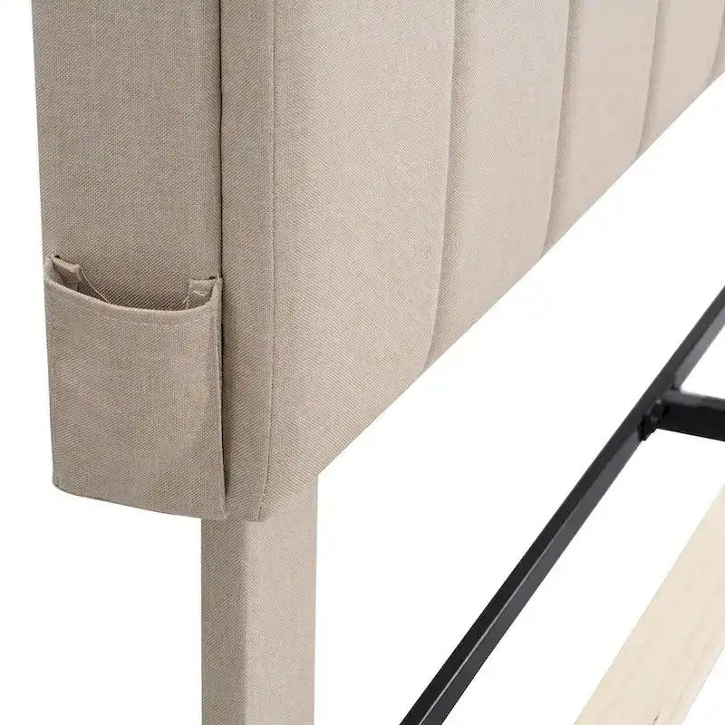 Cama de almacenamiento tapizada gris/beige con puertos USB, individual/matrimonial, 1-2 personas