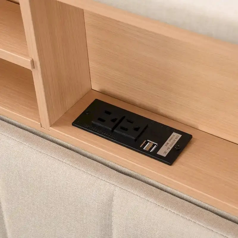 Cama de almacenamiento tapizada gris/beige con puertos USB, individual/matrimonial, 1-2 personas