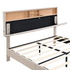 Cama de almacenamiento tapizada gris/beige con puertos USB, individual/matrimonial, 1-2 personas