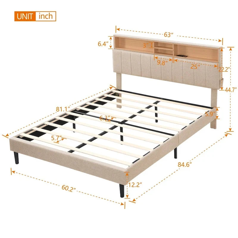 Cama de almacenamiento tapizada gris/beige con puertos USB, individual/matrimonial, 1-2 personas