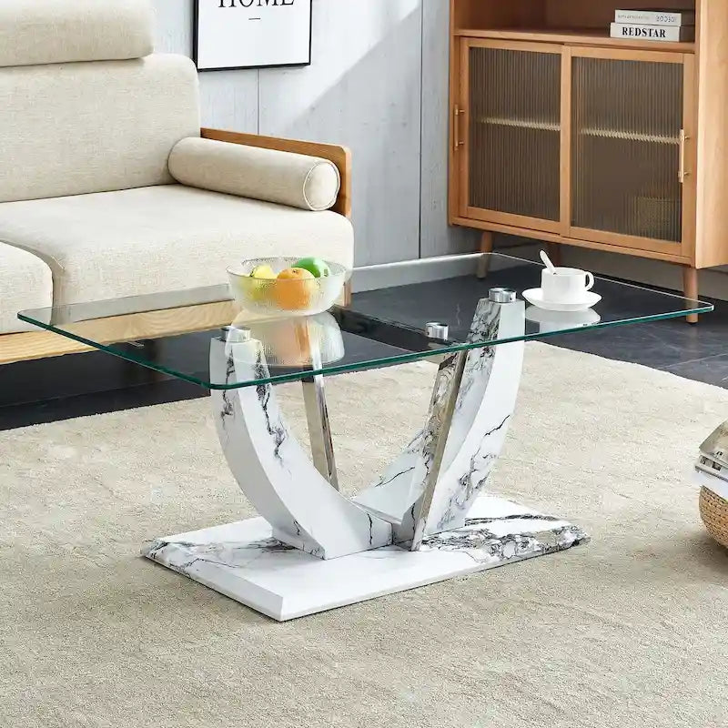 Mesa de centro de vidrio templado plateado con patas con diseño de mármol, 1-2 personas