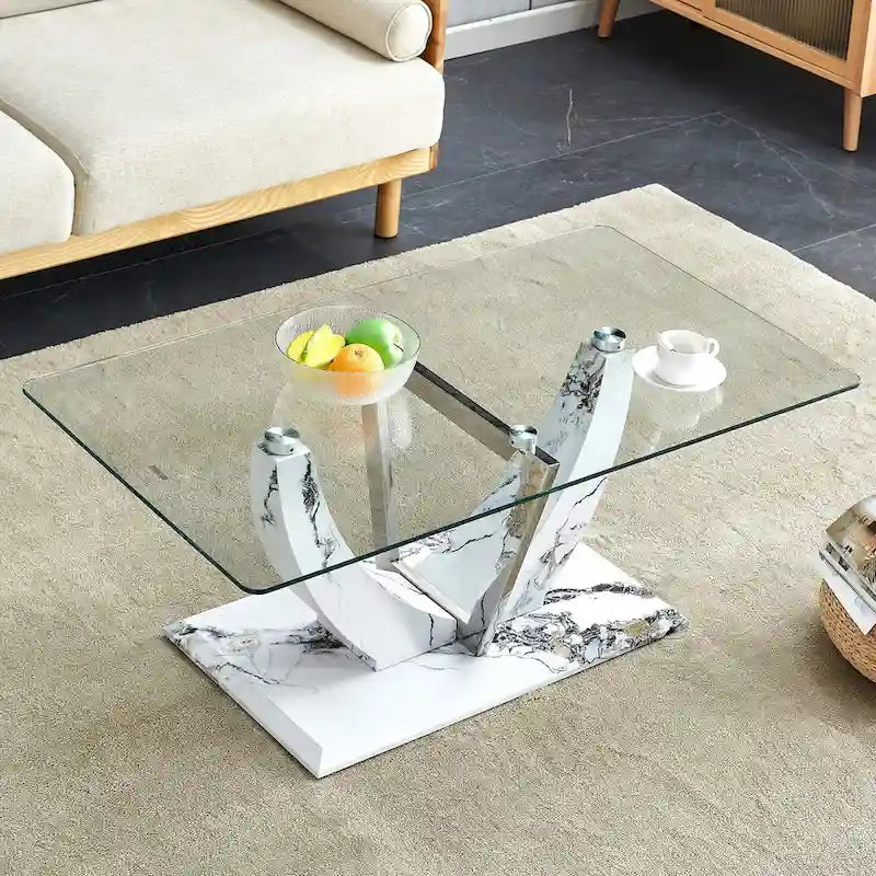 Mesa de centro de vidrio templado plateado con patas con diseño de mármol, 1-2 personas