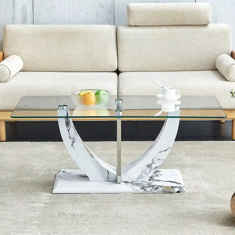 Mesa de centro de vidrio templado plateado con patas con diseño de mármol, 1-2 personas