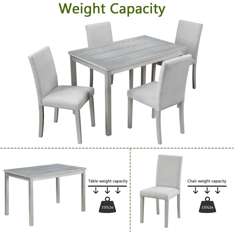 Juego de comedor de 5 piezas para 4 personas en gris, blanco y negro