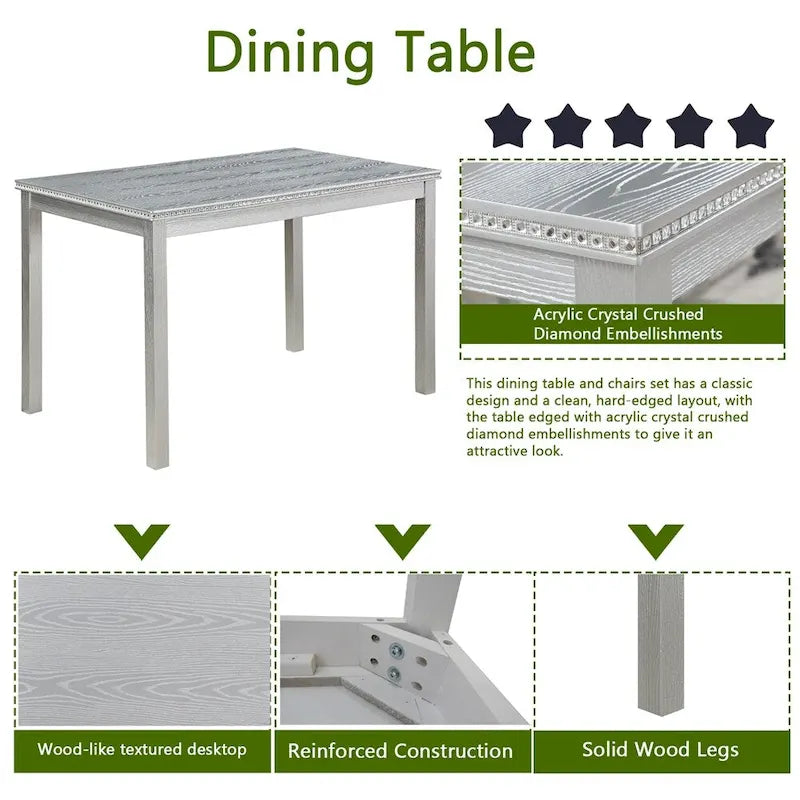 Juego de comedor de 5 piezas para 4 personas en gris, blanco y negro