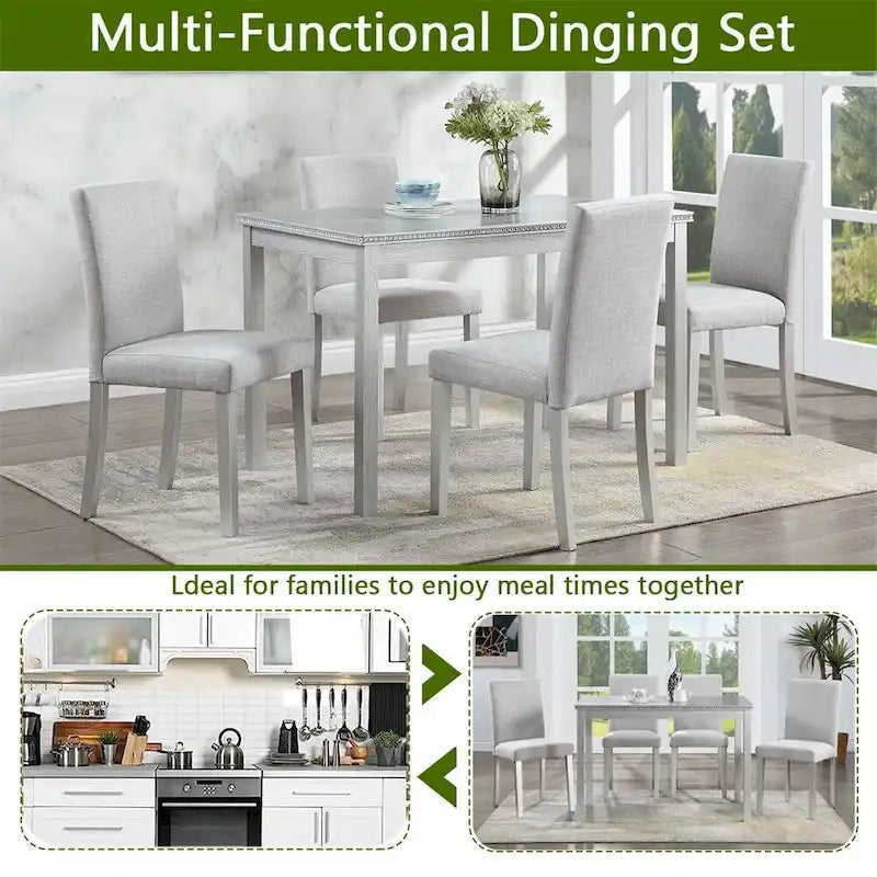 Juego de comedor de 5 piezas para 4 personas en gris, blanco y negro