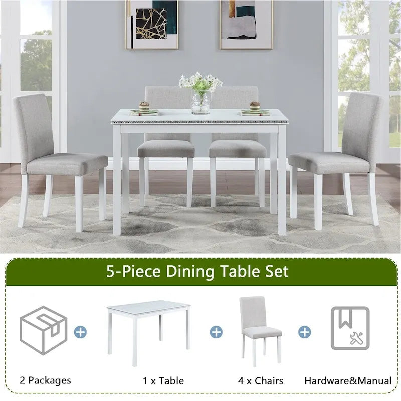 Juego de comedor de 5 piezas para 4 personas en gris, blanco y negro