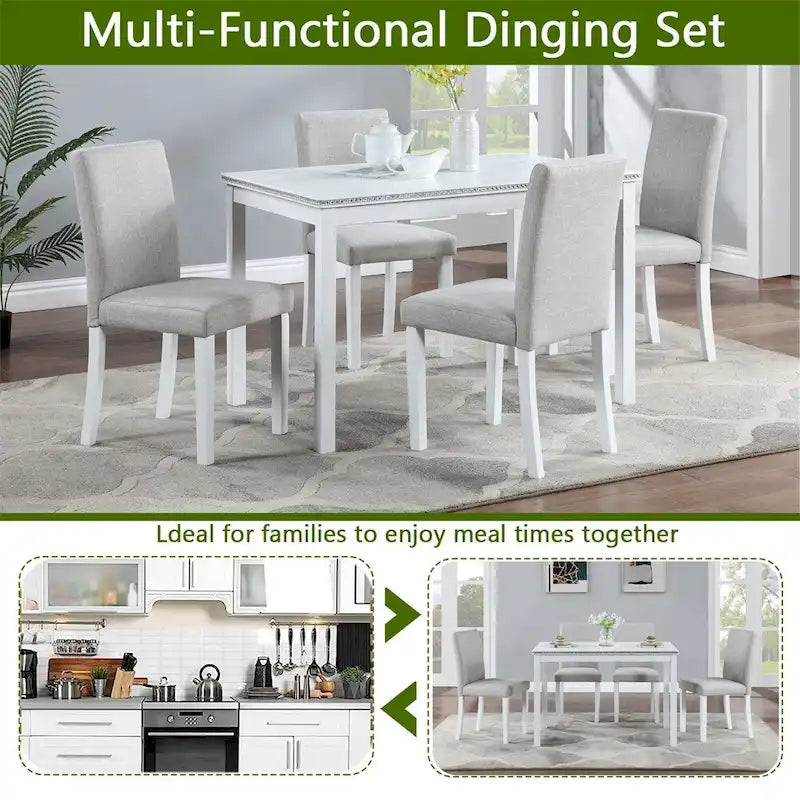 Juego de comedor de 5 piezas para 4 personas en gris, blanco y negro