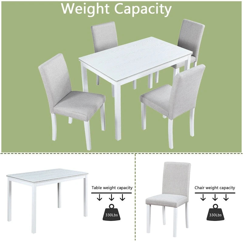 Juego de comedor de 5 piezas para 4 personas en gris, blanco y negro