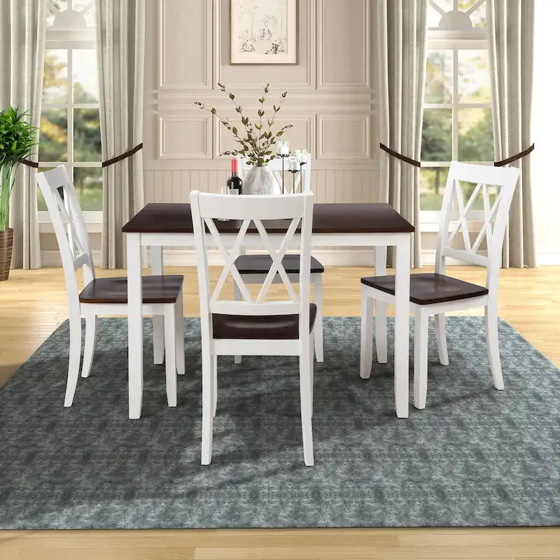 Juego de comedor de 5 piezas con mesa rectangular, color blanco y negro con respaldo en X, para 4 personas