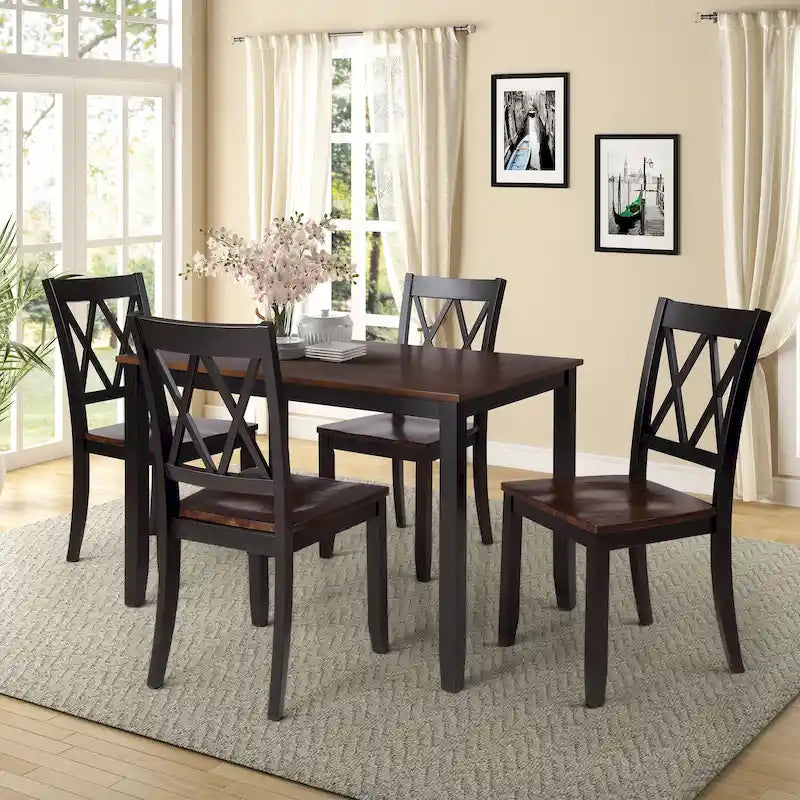 Juego de comedor de 5 piezas con mesa rectangular, color blanco y negro con respaldo en X, para 4 personas