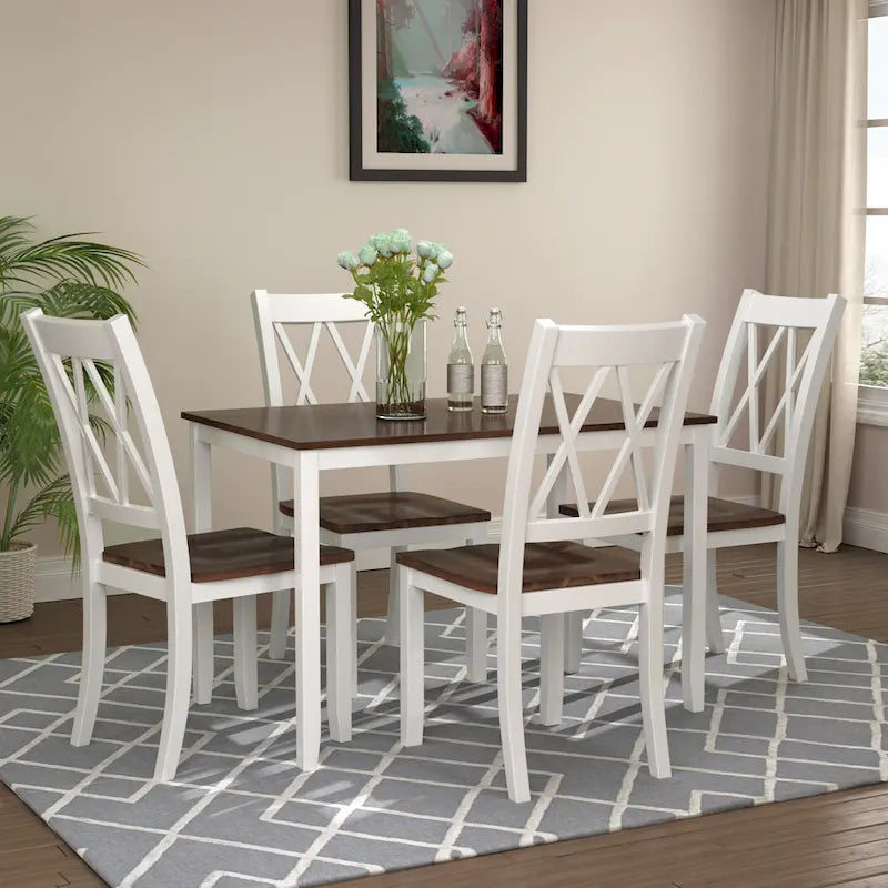 Juego de comedor de 5 piezas con mesa rectangular, color blanco y negro con respaldo en X, para 4 personas