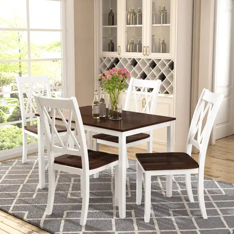 Juego de comedor de 5 piezas con mesa rectangular, color blanco y negro con respaldo en X, para 4 personas