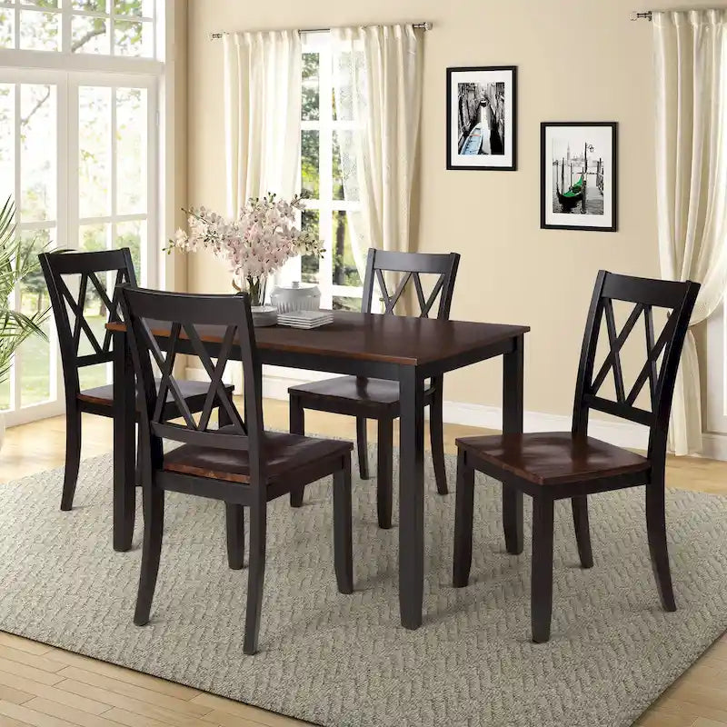 Juego de comedor de 5 piezas con mesa rectangular, color blanco y negro con respaldo en X, para 4 personas