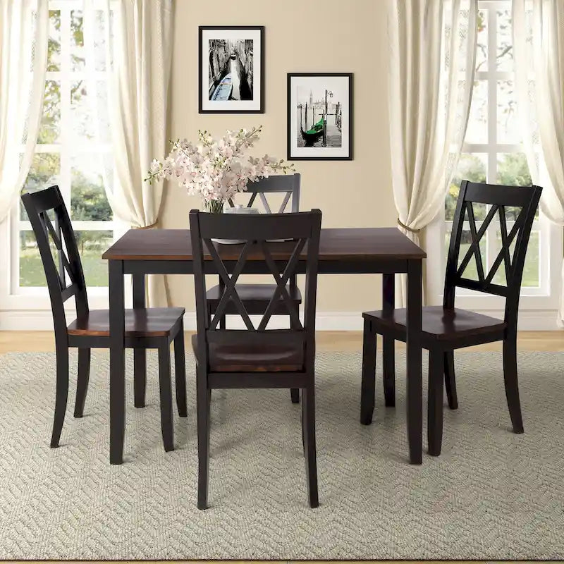 Juego de comedor de 5 piezas con mesa rectangular, color blanco y negro con respaldo en X, para 4 personas