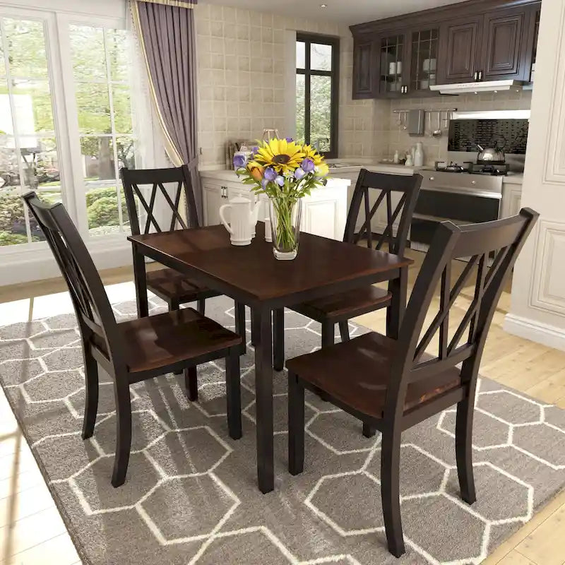 Juego de comedor de 5 piezas con mesa rectangular, color blanco y negro con respaldo en X, para 4 personas