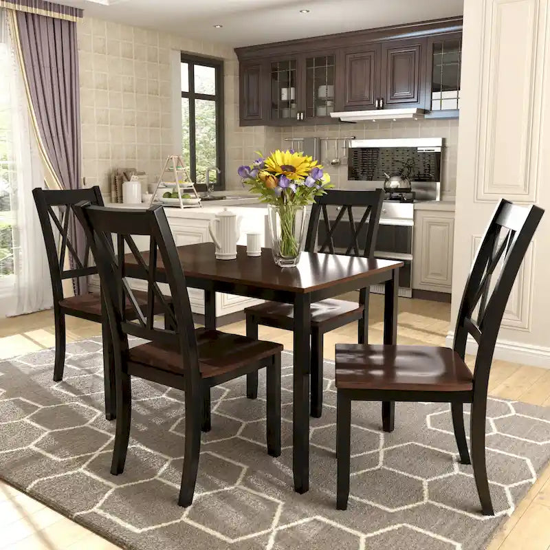 Juego de comedor de 5 piezas con mesa rectangular, color blanco y negro con respaldo en X, para 4 personas