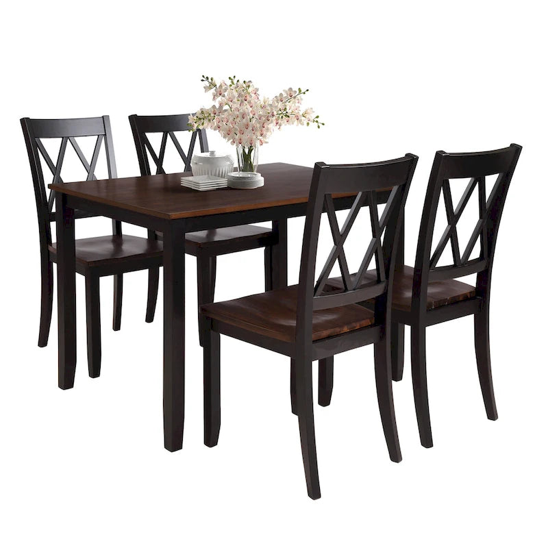 Juego de comedor de 5 piezas con mesa rectangular, color blanco y negro con respaldo en X, para 4 personas